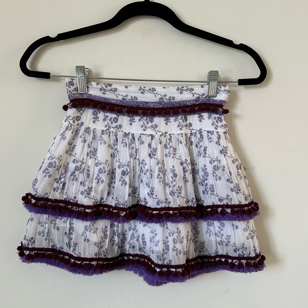 Poupette St Barth Floral Mini Skirt Pom Pom Fringe Tiered Size 1